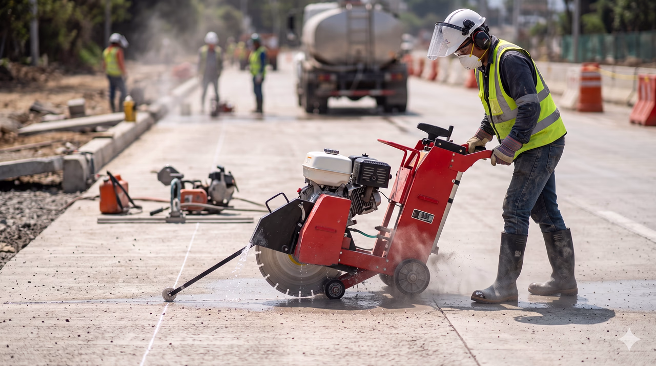 Operario realizando corte de concreto con cortadora profesional